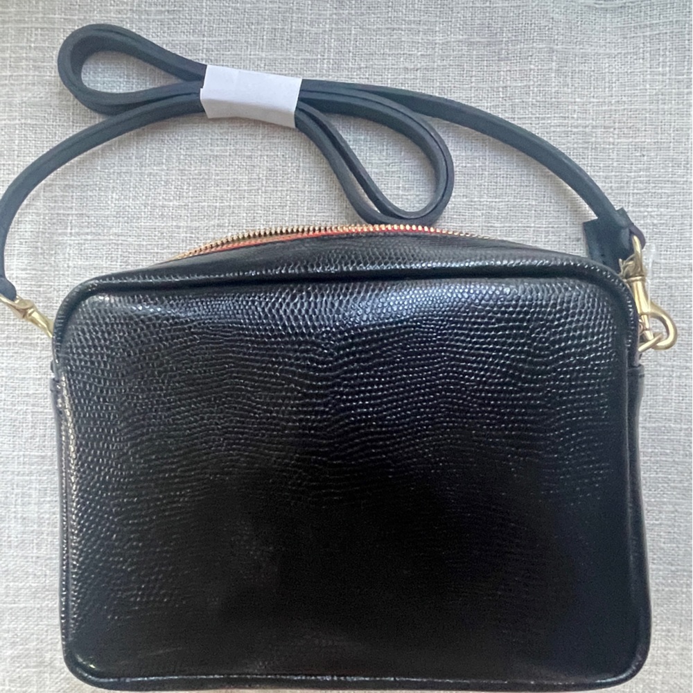 Clare V midi sac black embossed leather with a Red and Ivory zipper. NWT